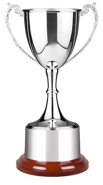 Silver plated cup integrated collar included timber base