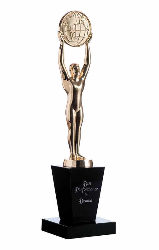 Gold oscar figurine with globe on black crystal base